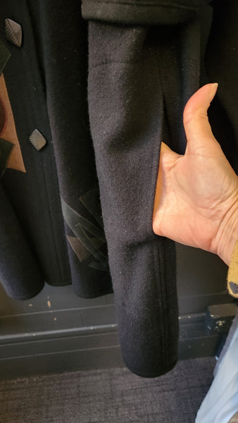 Vintage Beppa Black Wool Coat with Abstract Oriental Motif