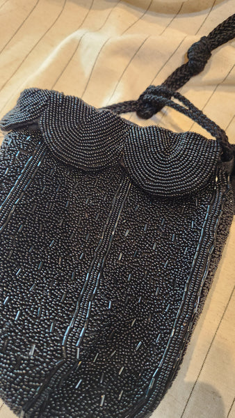 Black Flower Bell Beaded Crossbody Purse