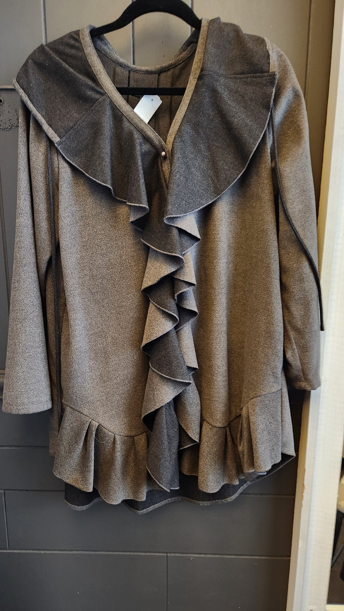 Samuel Dong Ruffle Front Gray and Black Fleece Coat