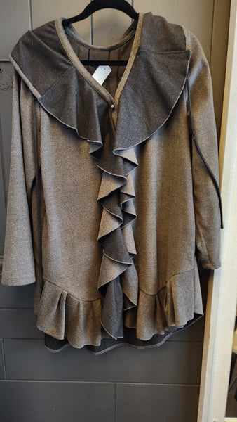 Samuel Dong Ruffle Front Gray and Black Fleece Coat