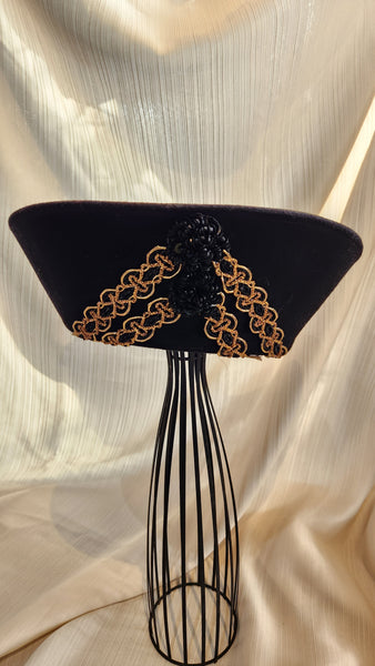 Black Felted wool Hat with peaked brim and gold ribbon embellishment