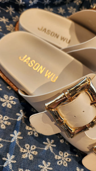 Jason Wu Double Bamboo Buckle Slide Sandals Gold Accents