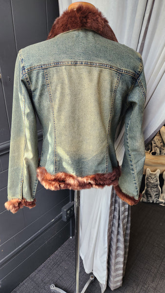 Hazel Denim Jacket with Faux Fur Collar and Cuffs and Brown embroidered floral detail