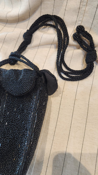 Black Flower Bell Beaded Crossbody Purse