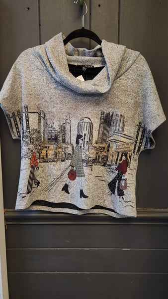 Kozan Short Sleeve Cowl Neck City Print Gray Sweater/Top