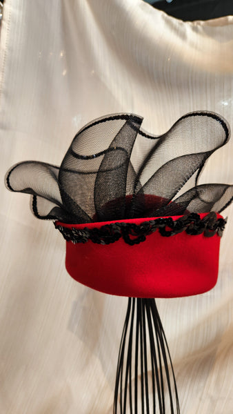 Red Felted Wool Hat with Black Sequin Trim and Black Netting