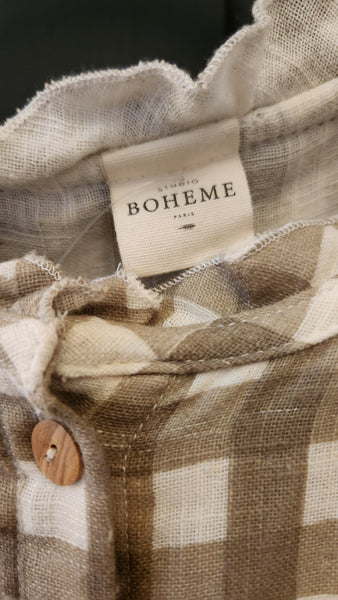 Studio Boheme Long Sleeve Tan Linen Check Dress