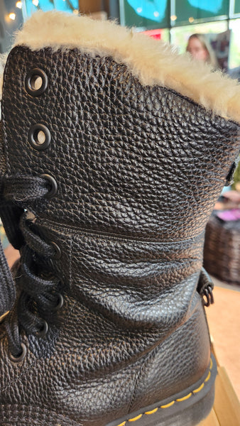 Dr. Marten’s Amilita Aunt Sally Black Leather Faux Fur Lined Boot.
