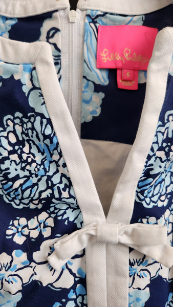 Lilly Pulitzer Sleeveless Blue Floral Cotton Dress with white trim