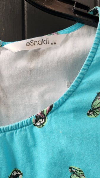 eShakti Sleeveless Turquoise Dress With Parrot Print