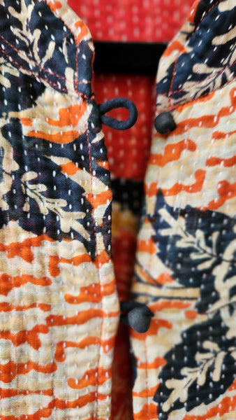 Kantha Style Coat in Orange and Deepest Black/ Blue Floral Motif