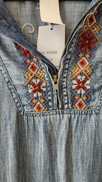 Kyla Seo Hooded Denim Blue and Embroidered Top