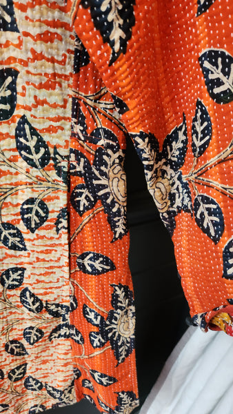 Kantha Style Coat in Orange and Deepest Black/ Blue Floral Motif