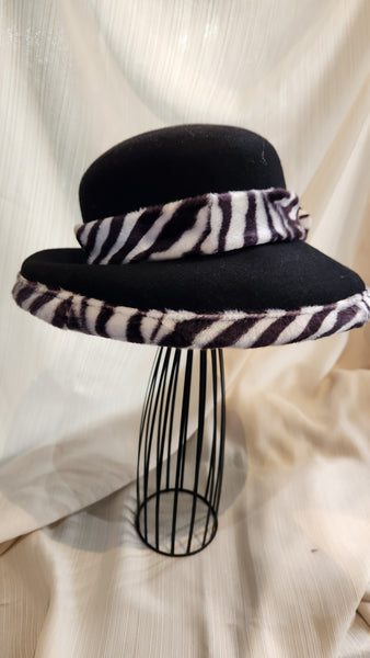 Ellie black felted wool Hat with faux fur zebra trim