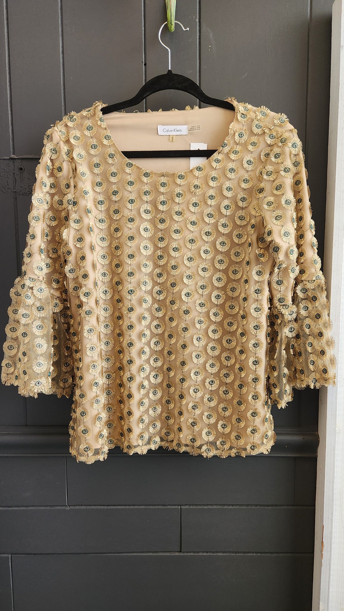 Calvin Klein 3/4 bell sleeve Gold Medallions Top