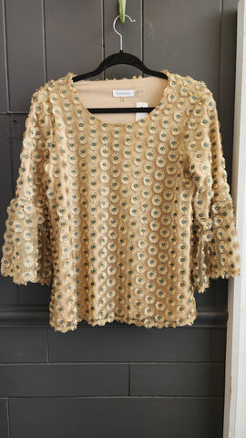Calvin Klein 3/4 bell sleeve Gold Medallions Top