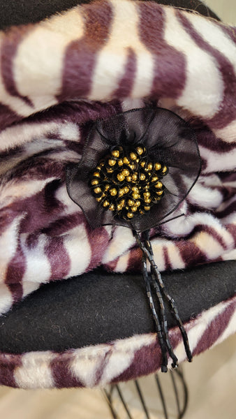 Ellie black felted wool Hat with faux fur zebra trim
