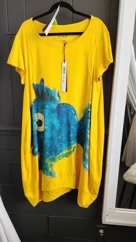 Rundholz Short Sleeve A Line Yellow Dress with Big Blue Fish
