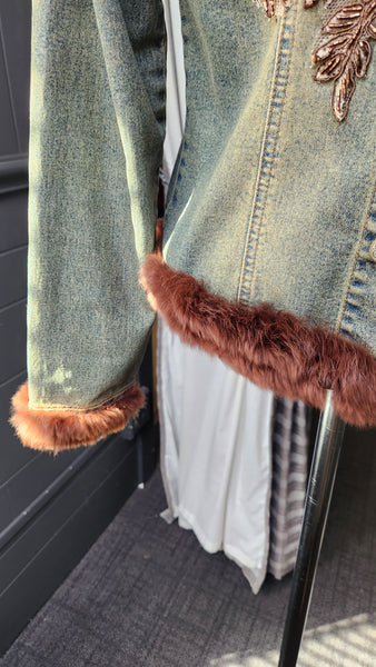 Hazel Denim Jacket with Faux Fur Collar and Cuffs and Brown embroidered floral detail