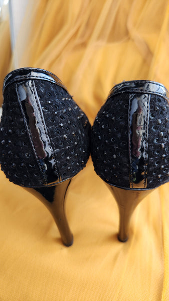 Antonio Melani patent leather pumps covered with black rhinestones