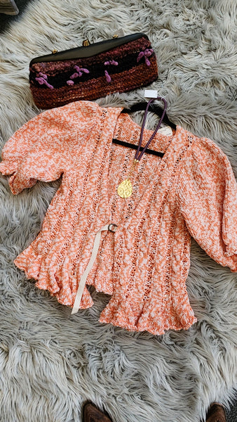 Free People Orange and White Crocheted Cardigan Sweater