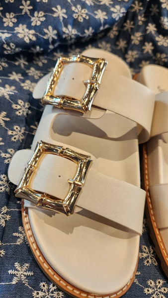 Jason Wu Double Bamboo Buckle Slide Sandals Gold Accents