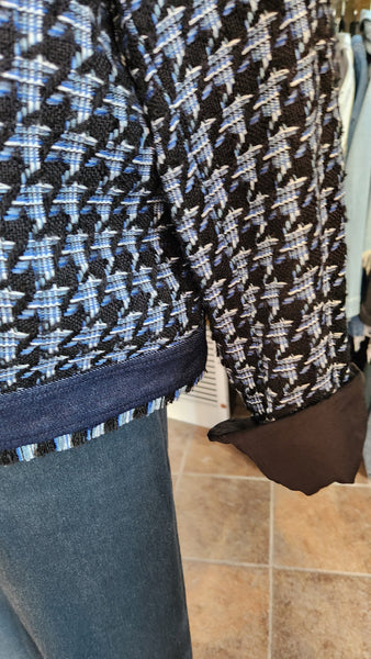 Ann Taylor Blue Woven and Denim Blazer with fringe trim