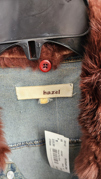 Hazel Denim Jacket with Faux Fur Collar and Cuffs and Brown embroidered floral detail