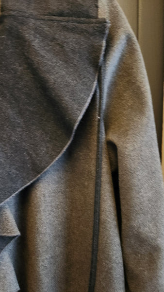 Samuel Dong Ruffle Front Gray and Black Fleece Coat
