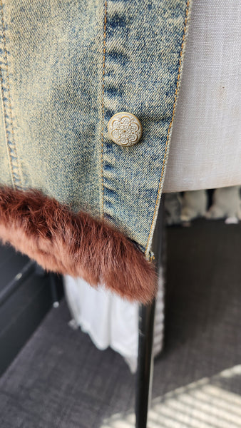 Hazel Denim Jacket with Faux Fur Collar and Cuffs and Brown embroidered floral detail