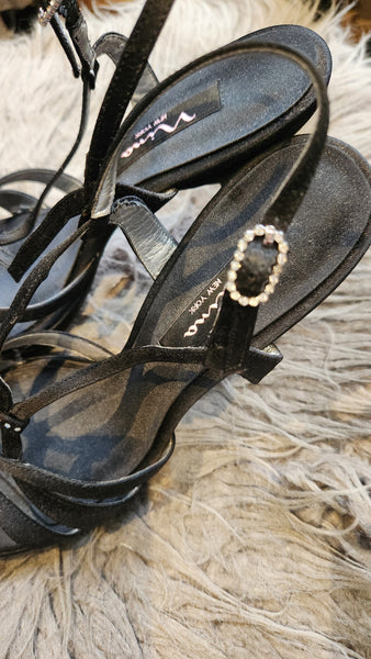 Nina Black Satin Heels with Criss Cross Straps and Rhinestone Accents
