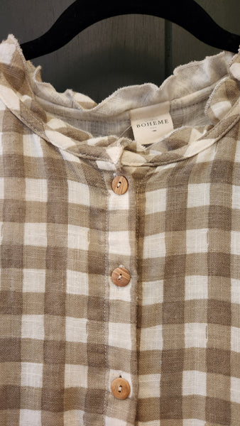 Studio Boheme Long Sleeve Tan Linen Check Dress