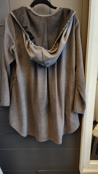 Samuel Dong Ruffle Front Gray and Black Fleece Coat