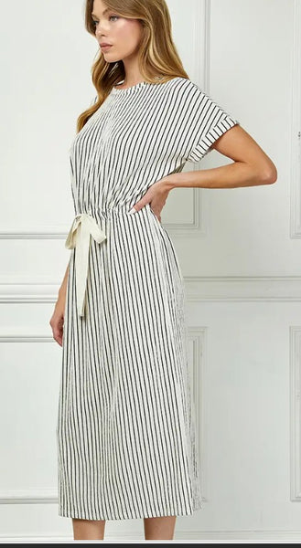 Striped Midi Dress with Drawstring Waist