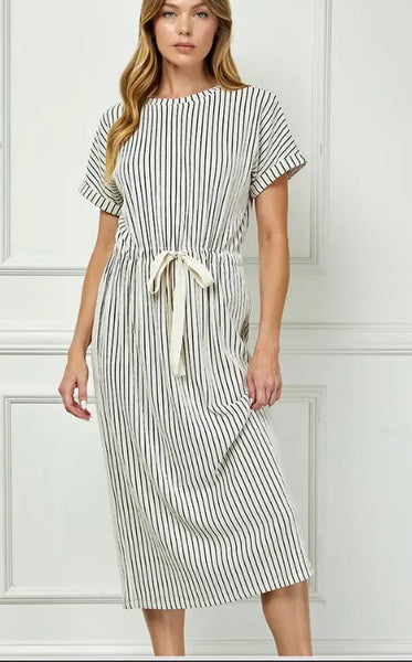 Striped Midi Dress with Drawstring Waist
